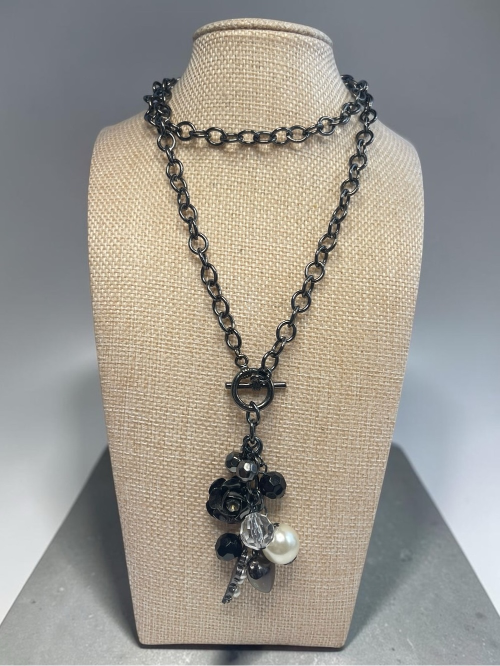 Gunmetal Charm Cluster Statement Front Toggle Necklace